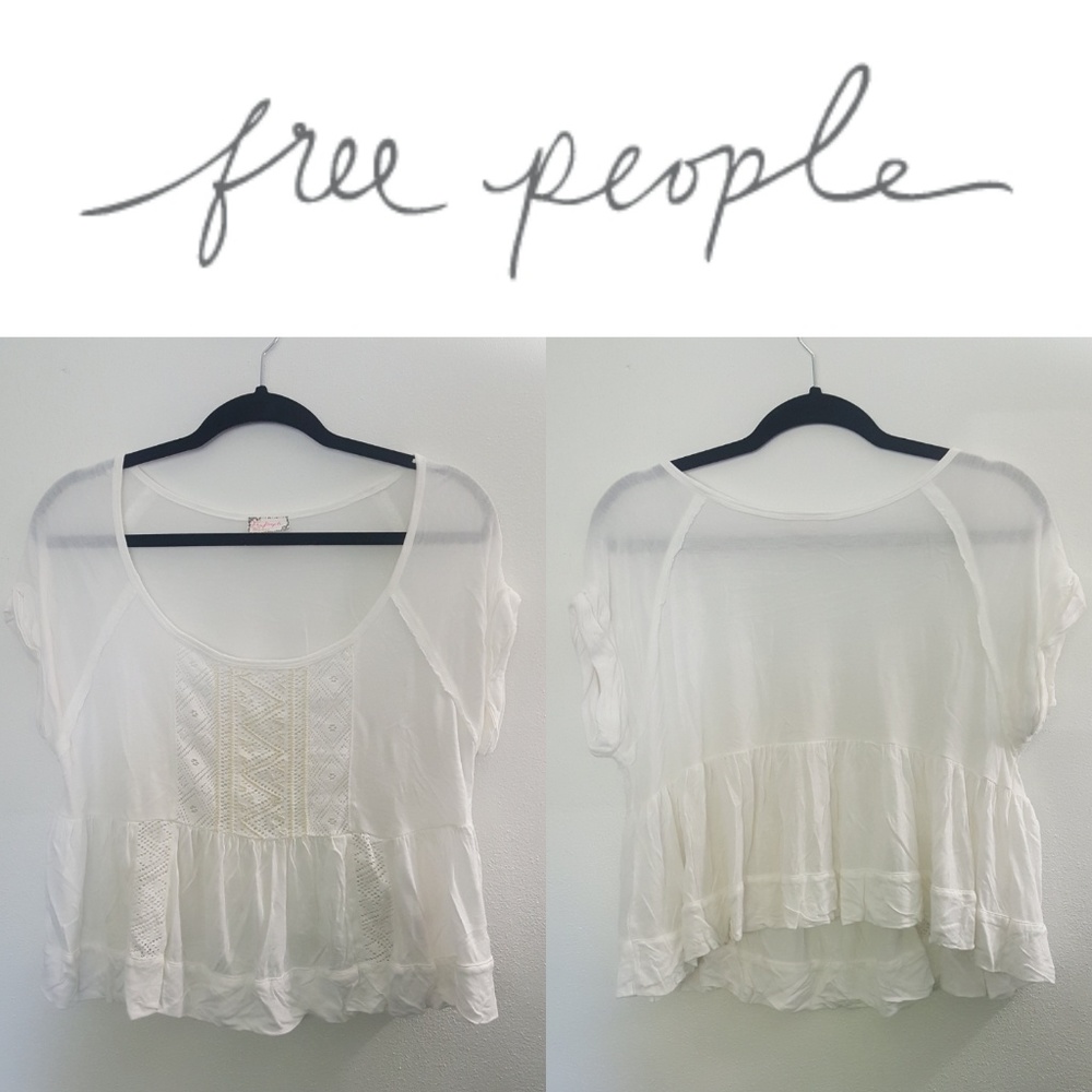 Free People White Bead Lace Short Sleeve Crop Top